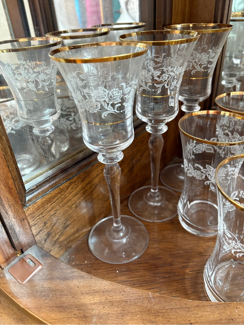 Mikasa Clear Etched Floral Wine Glasses with Gold Trim